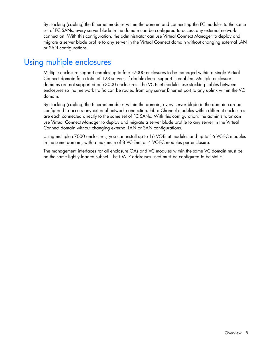 Using multiple enclosures | HP Virtual Connect 8Gb 24-port Fibre Channel Module for c-Class BladeSystem User Manual | Page 8 / 162