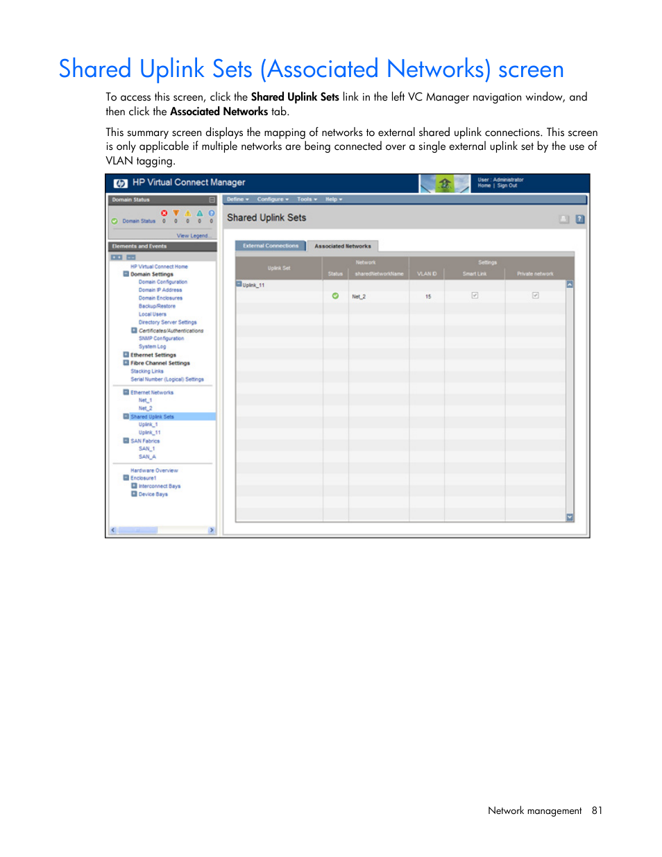 Shared uplink sets (associated networks) screen | HP Virtual Connect 8Gb 24-port Fibre Channel Module for c-Class BladeSystem User Manual | Page 81 / 162