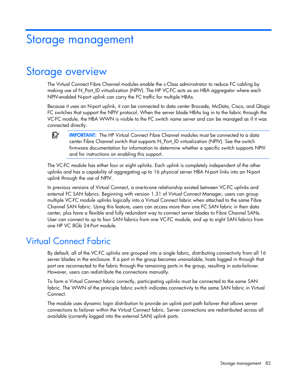 Storage management, Storage overview, Virtual connect fabric | HP Virtual Connect 8Gb 24-port Fibre Channel Module for c-Class BladeSystem User Manual | Page 82 / 162