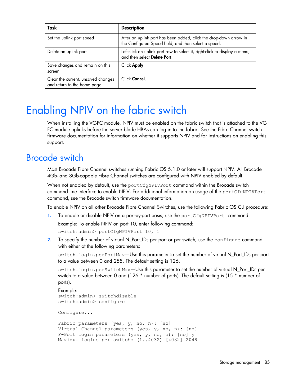 Enabling npiv on the fabric switch, Brocade switch | HP Virtual Connect 8Gb 24-port Fibre Channel Module for c-Class BladeSystem User Manual | Page 85 / 162