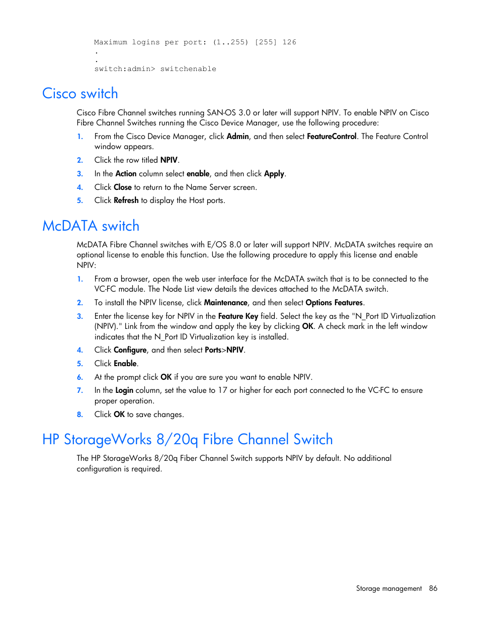 Cisco switch, Mcdata switch, Hp storageworks 8/20q fibre channel switch | HP Virtual Connect 8Gb 24-port Fibre Channel Module for c-Class BladeSystem User Manual | Page 86 / 162