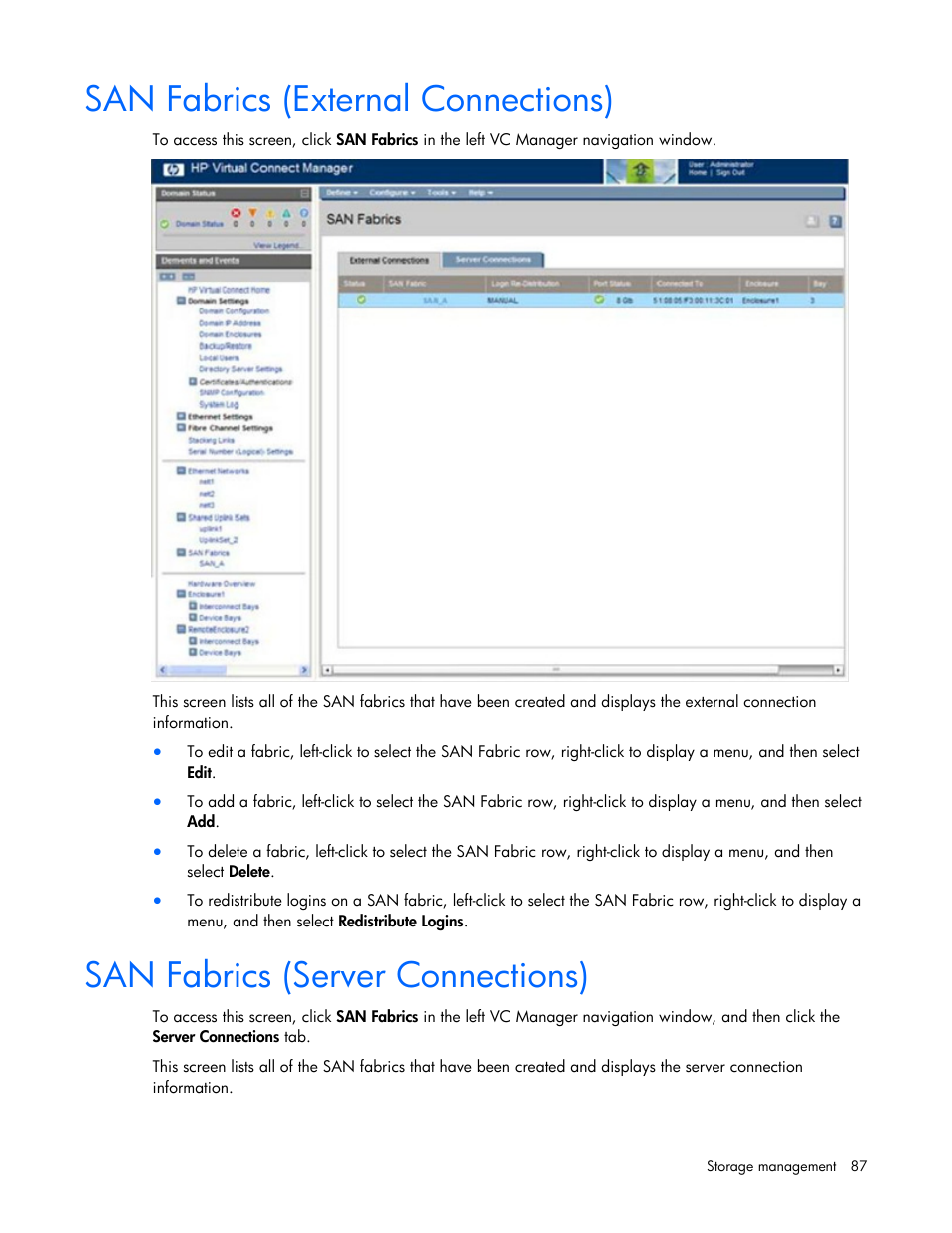 San fabrics (external connections), San fabrics (server connections) | HP Virtual Connect 8Gb 24-port Fibre Channel Module for c-Class BladeSystem User Manual | Page 87 / 162