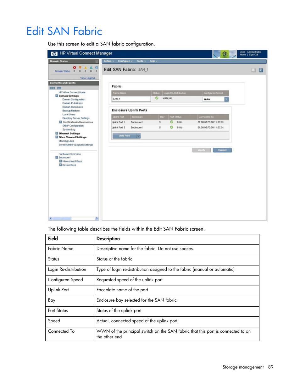 Edit san fabric | HP Virtual Connect 8Gb 24-port Fibre Channel Module for c-Class BladeSystem User Manual | Page 89 / 162