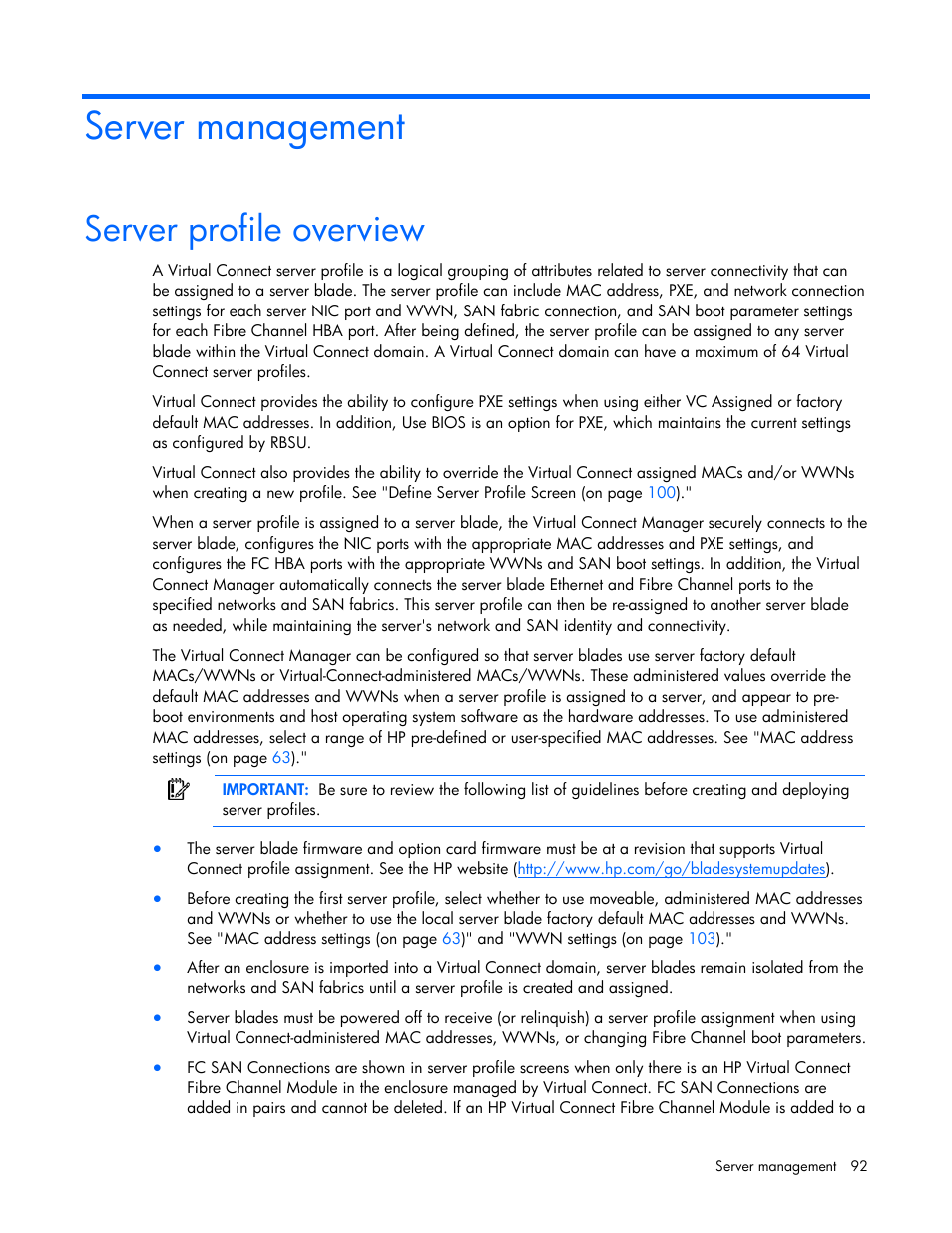 Server management, Server profile overview | HP Virtual Connect 8Gb 24-port Fibre Channel Module for c-Class BladeSystem User Manual | Page 92 / 162