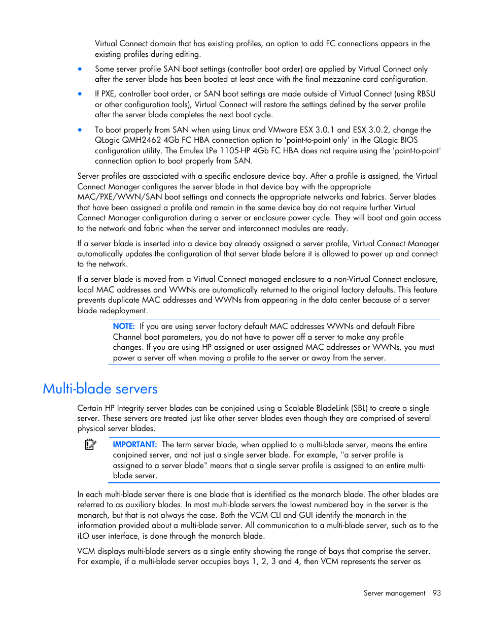 Multi-blade servers | HP Virtual Connect 8Gb 24-port Fibre Channel Module for c-Class BladeSystem User Manual | Page 93 / 162