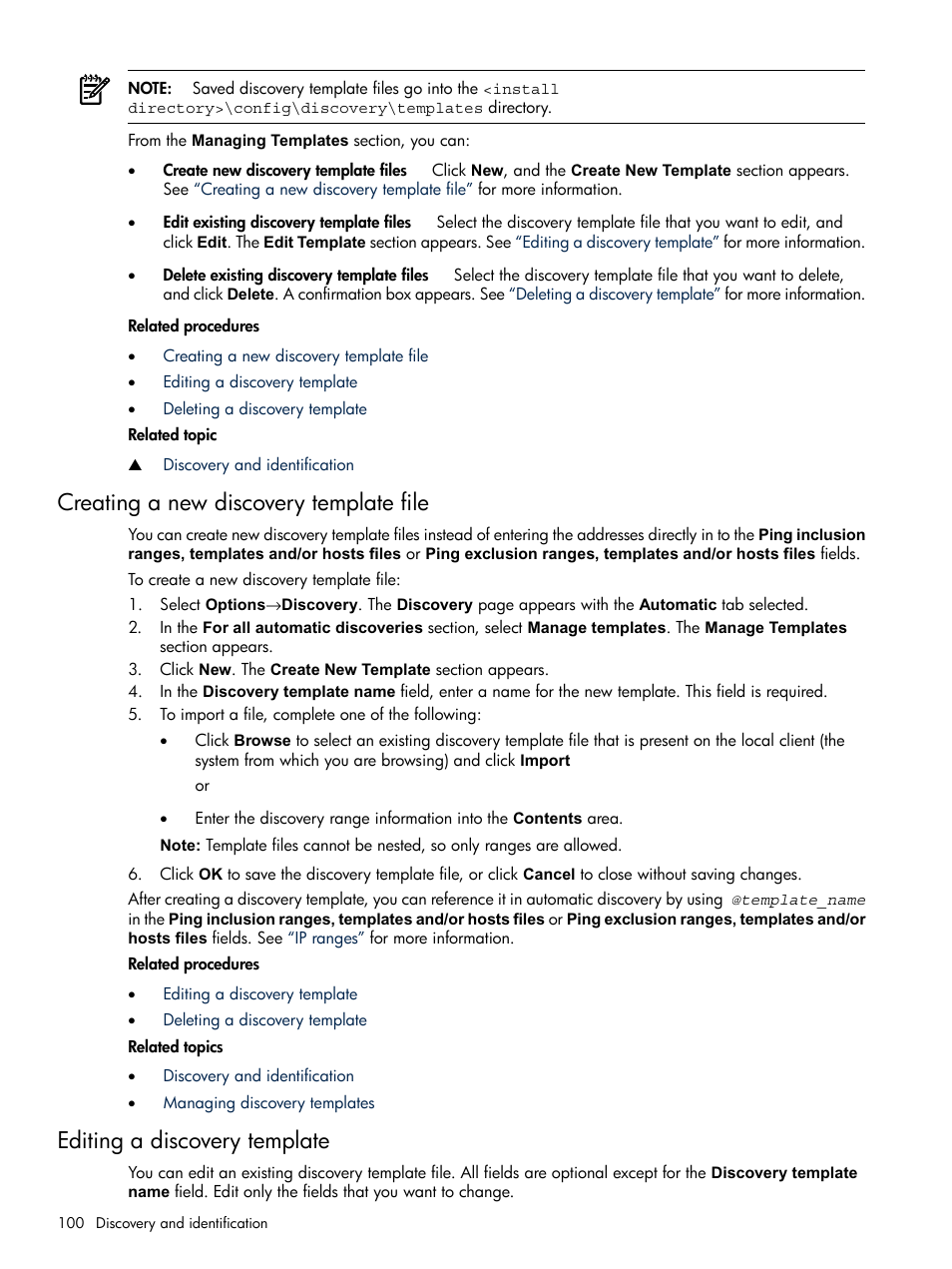 Creating a new discovery template file, Editing a discovery template | HP Systems Insight Manager User Manual | Page 100 / 679