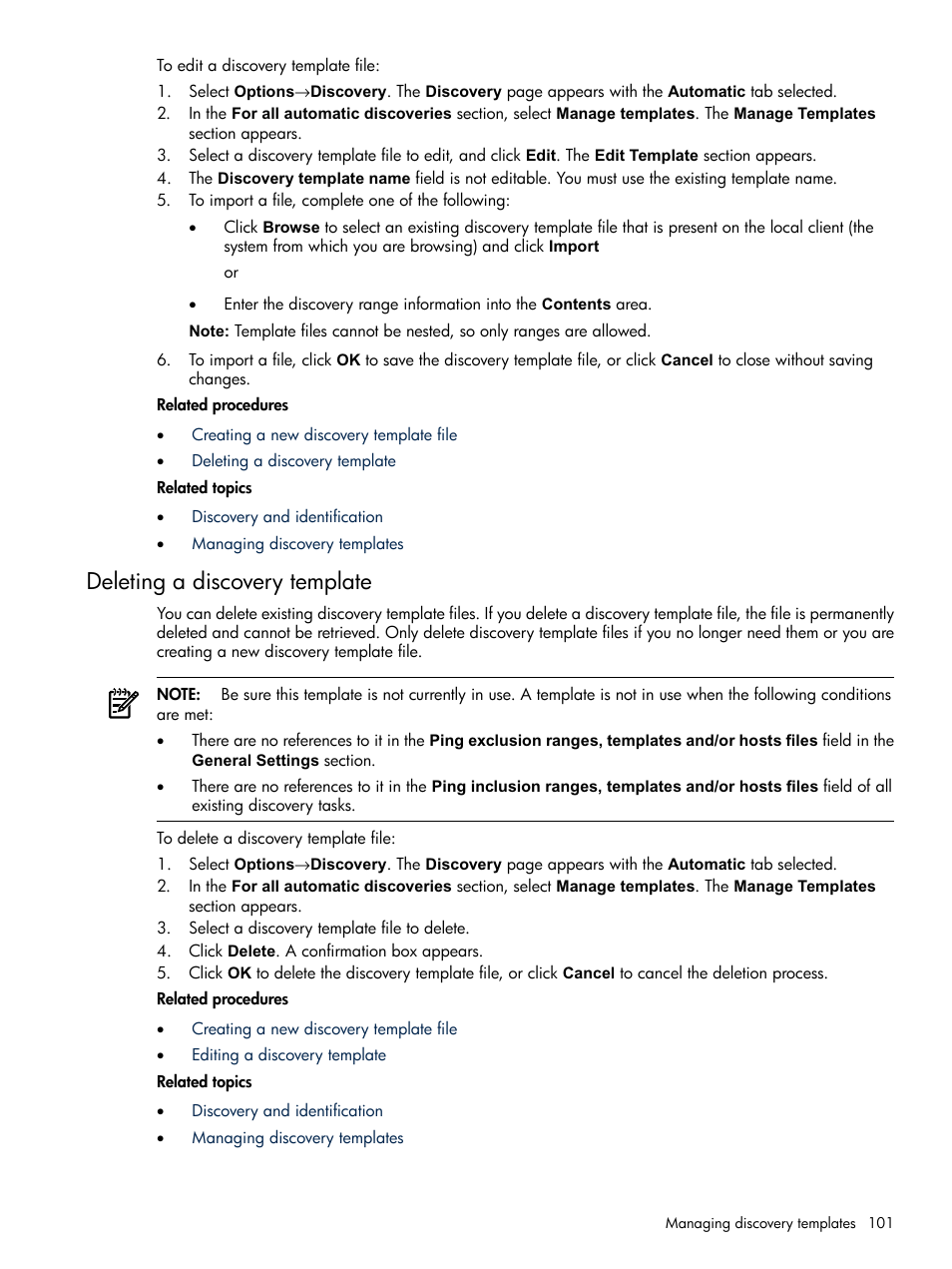 Deleting a discovery template | HP Systems Insight Manager User Manual | Page 101 / 679