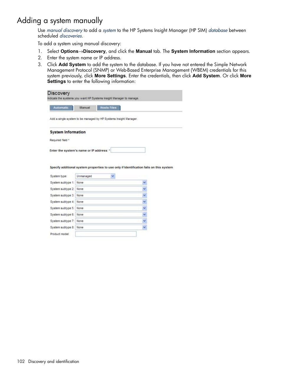 Adding a system manually, Adding a system, Manually | HP Systems Insight Manager User Manual | Page 102 / 679