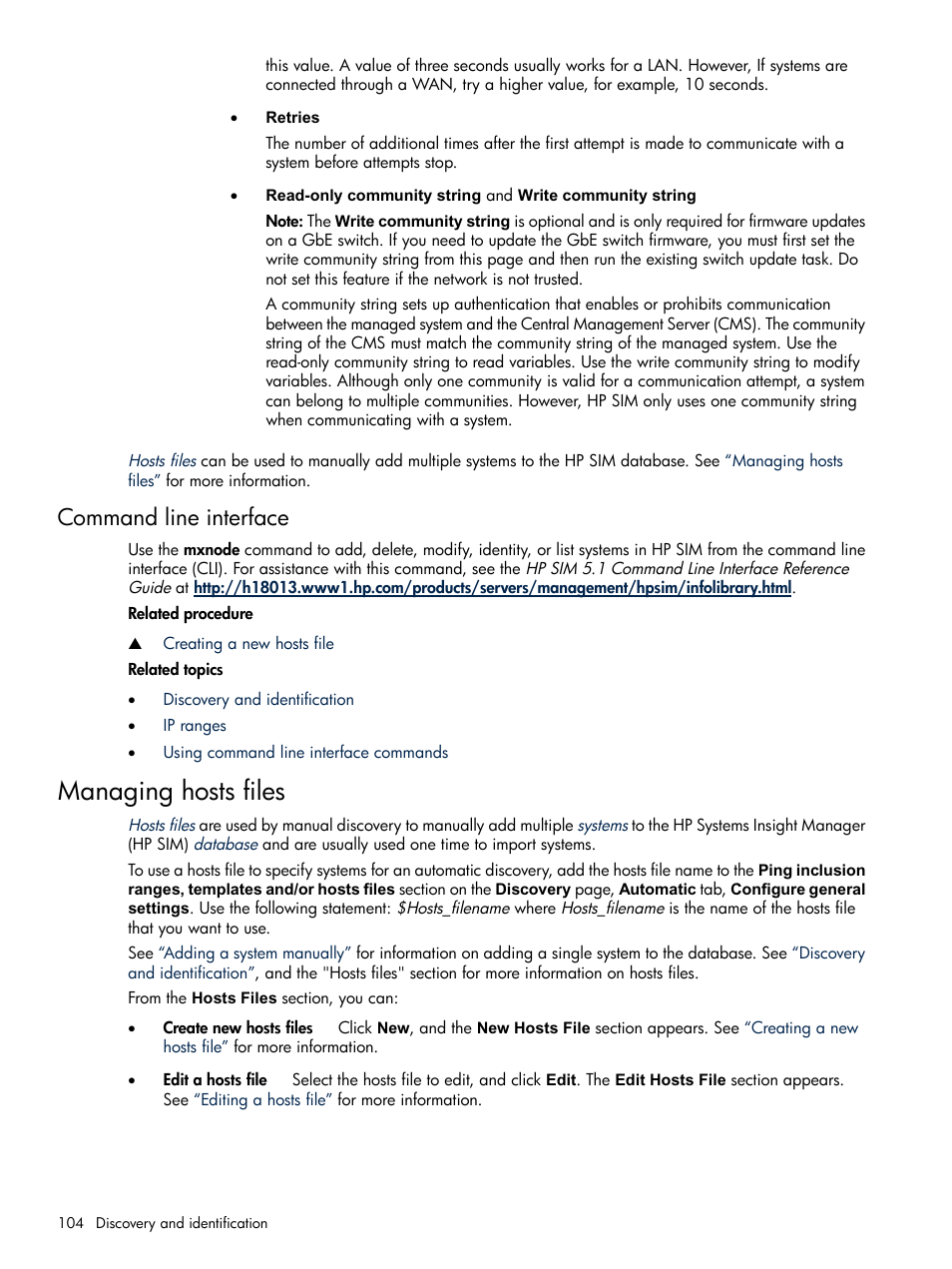 Command line interface, Managing hosts files | HP Systems Insight Manager User Manual | Page 104 / 679