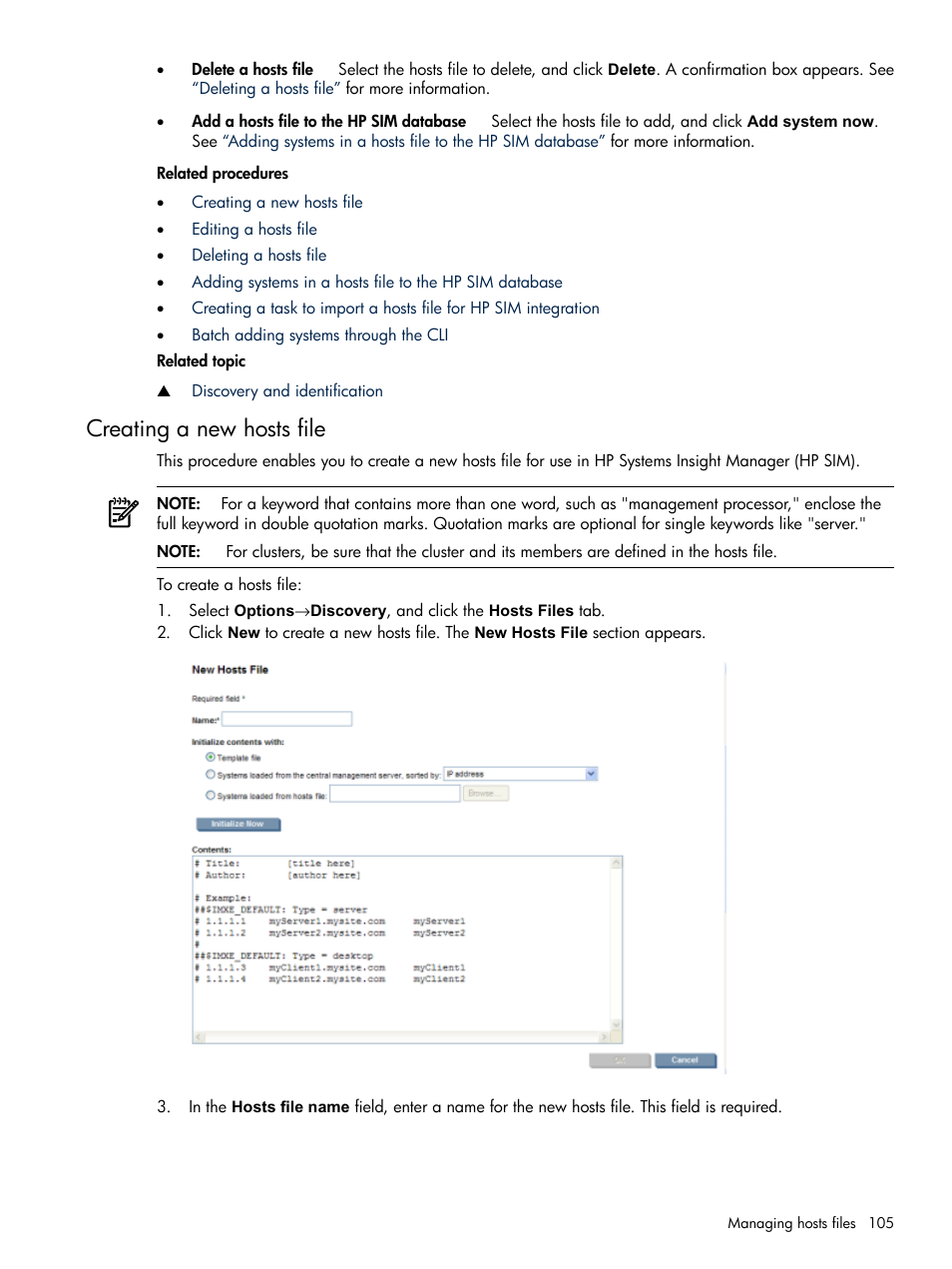 Creating a new hosts file, Creating a new, Hosts file | HP Systems Insight Manager User Manual | Page 105 / 679