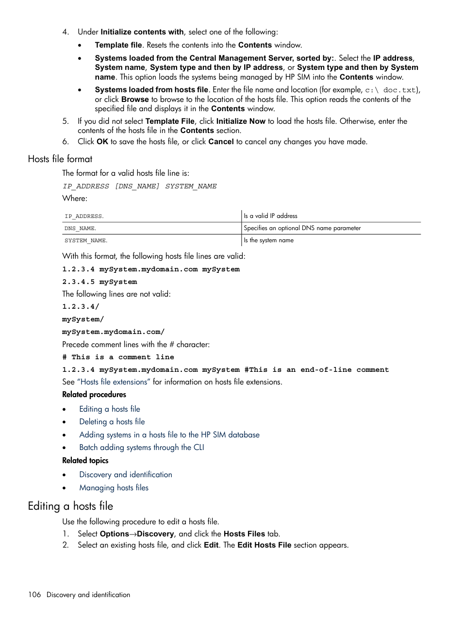 Hosts file format, Editing a hosts file | HP Systems Insight Manager User Manual | Page 106 / 679