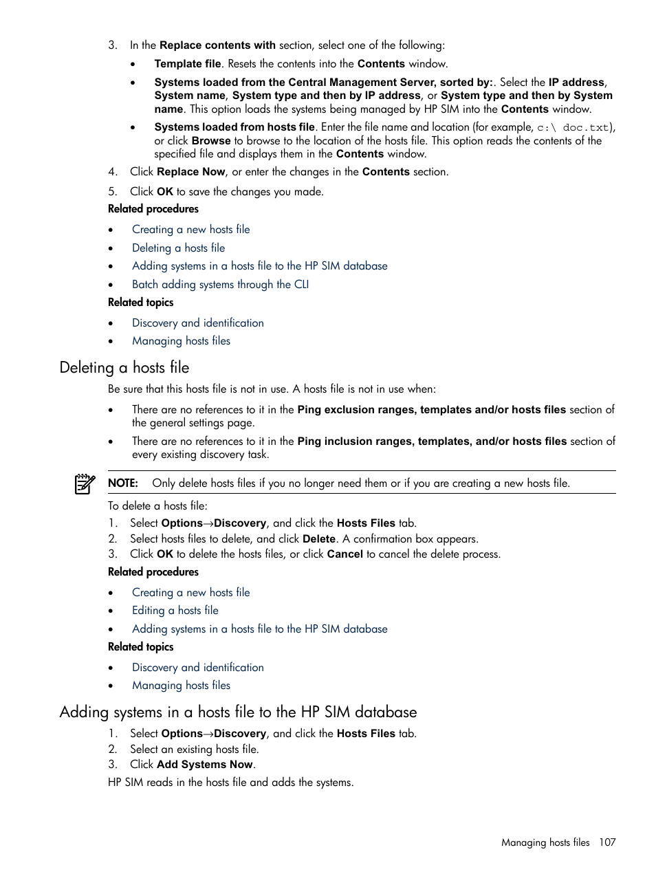 Deleting a hosts file | HP Systems Insight Manager User Manual | Page 107 / 679