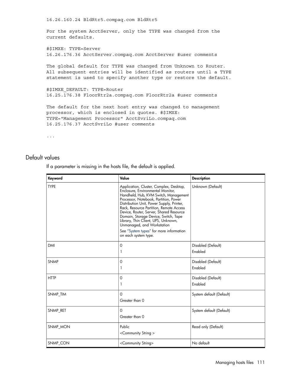 Default values | HP Systems Insight Manager User Manual | Page 111 / 679