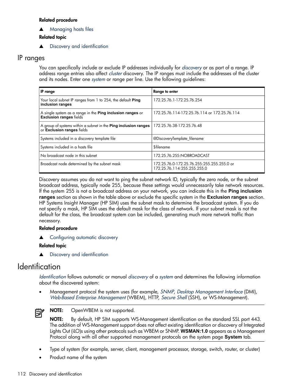 Ip ranges, Identification | HP Systems Insight Manager User Manual | Page 112 / 679