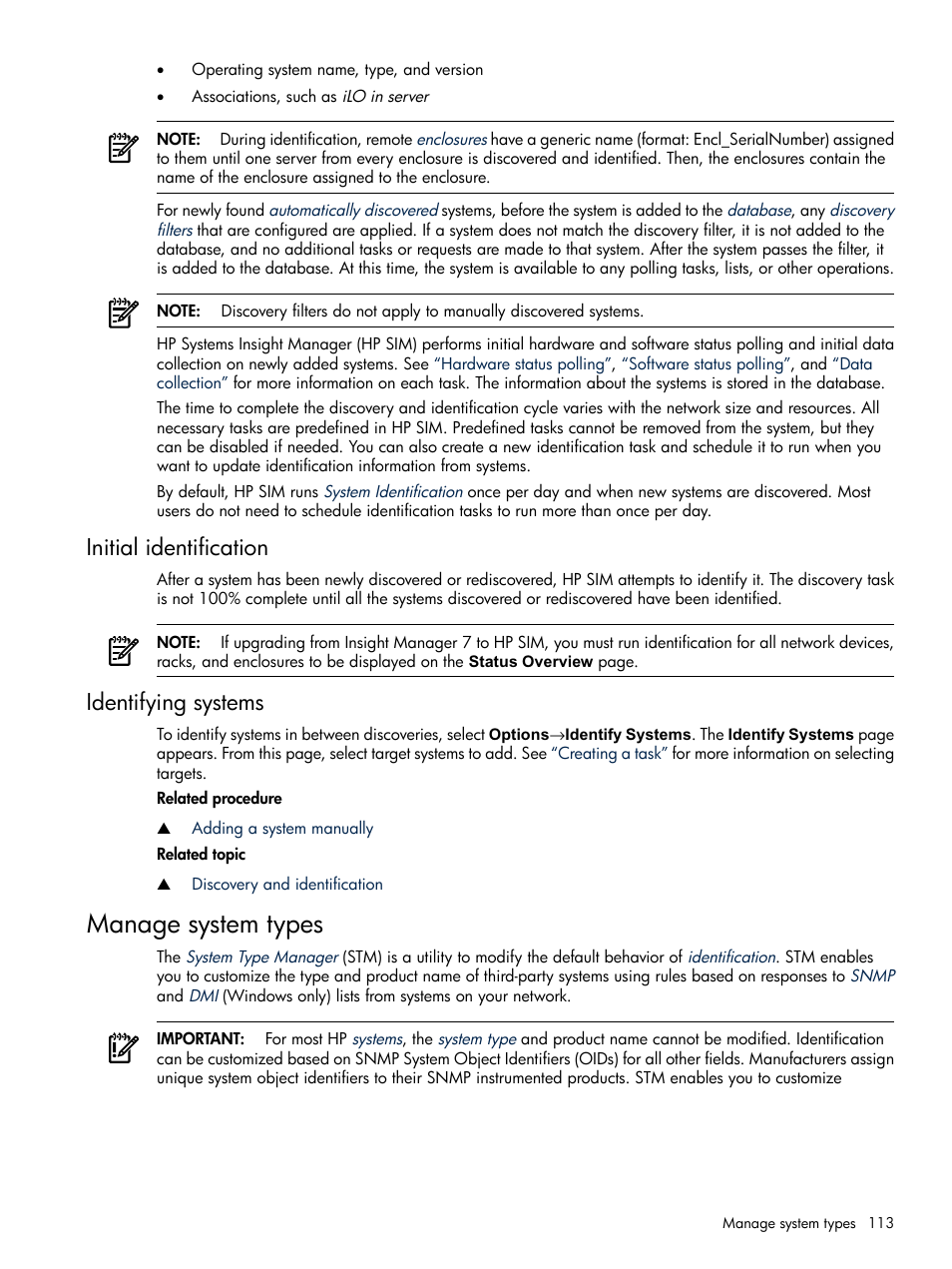 Initial identification, Identifying systems, Manage system types | Initial identification identifying systems | HP Systems Insight Manager User Manual | Page 113 / 679