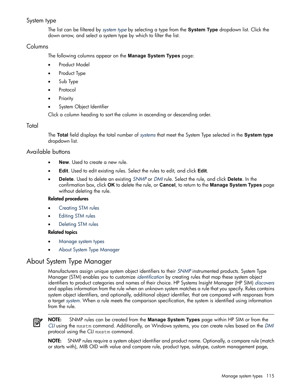 System type, Columns, Total | Available buttons, About system type manager, System type columns total available buttons | HP Systems Insight Manager User Manual | Page 115 / 679