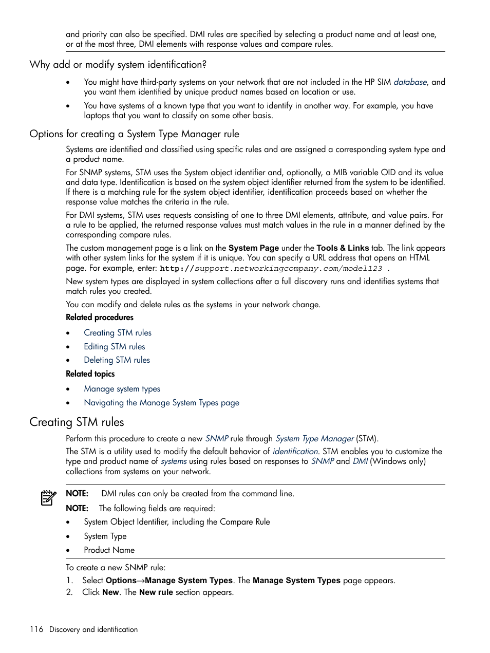 Why add or modify system identification, Options for creating a system type manager rule, Creating stm rules | HP Systems Insight Manager User Manual | Page 116 / 679