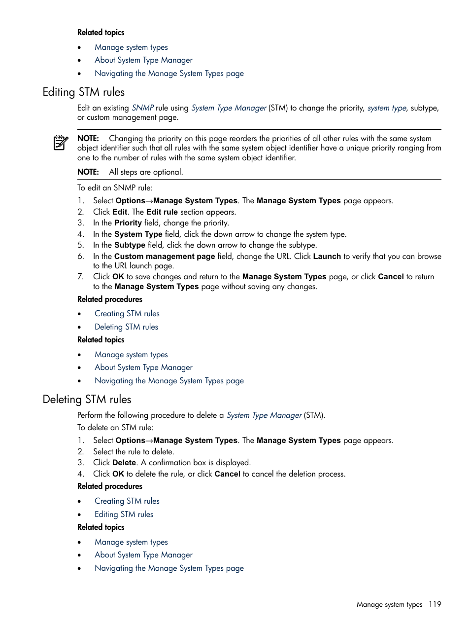 Editing stm rules, Deleting stm rules, Editing stm rules deleting stm rules | Deleting, Stm rules | HP Systems Insight Manager User Manual | Page 119 / 679