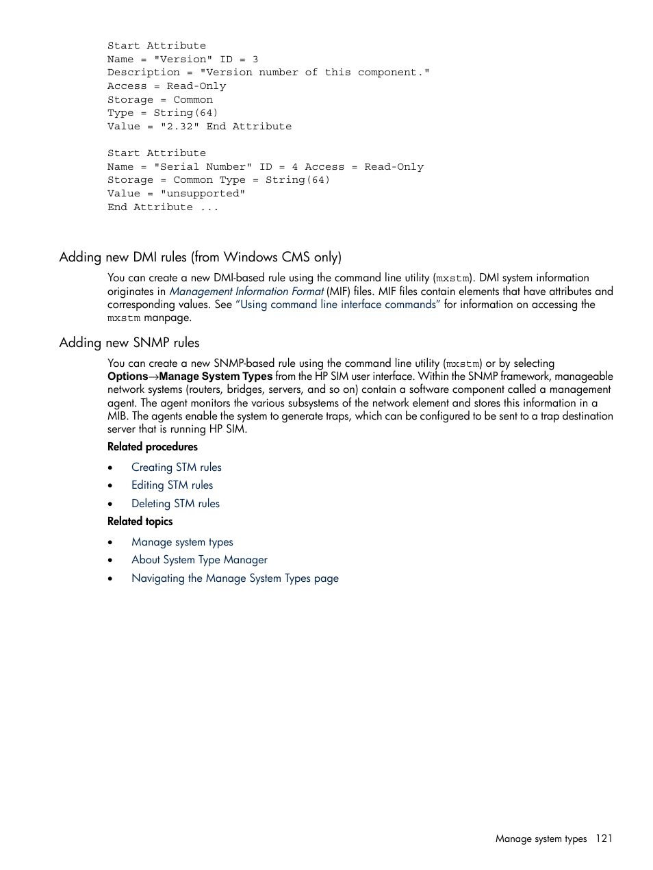 Adding new dmi rules (from windows cms only), Adding new snmp rules | HP Systems Insight Manager User Manual | Page 121 / 679