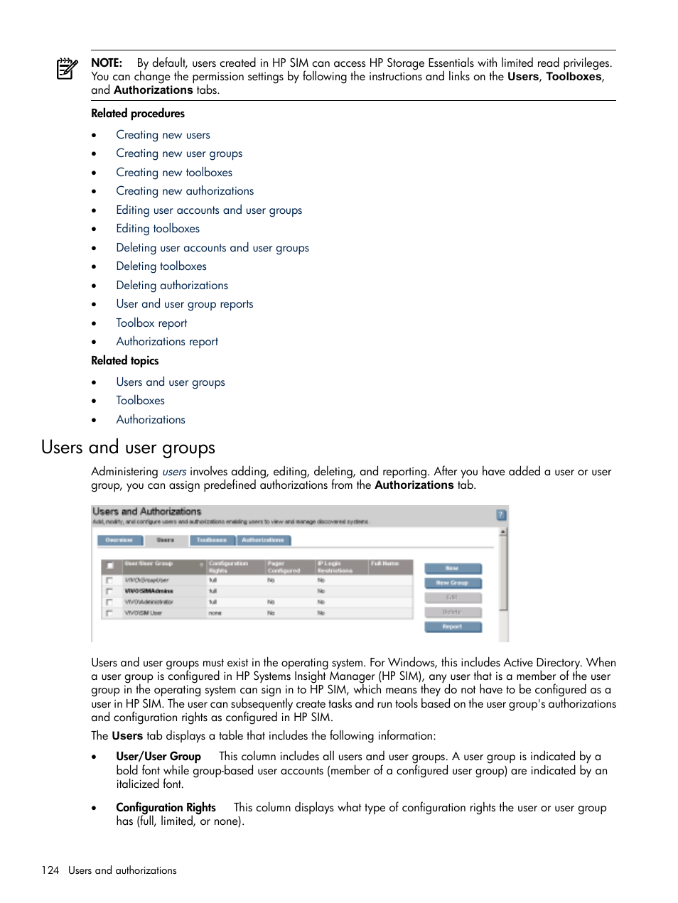 Users and user groups, Users and, User groups | HP Systems Insight Manager User Manual | Page 124 / 679