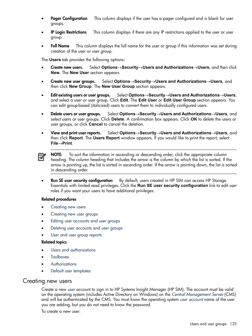 Creating new users | HP Systems Insight Manager User Manual | Page 125 / 679