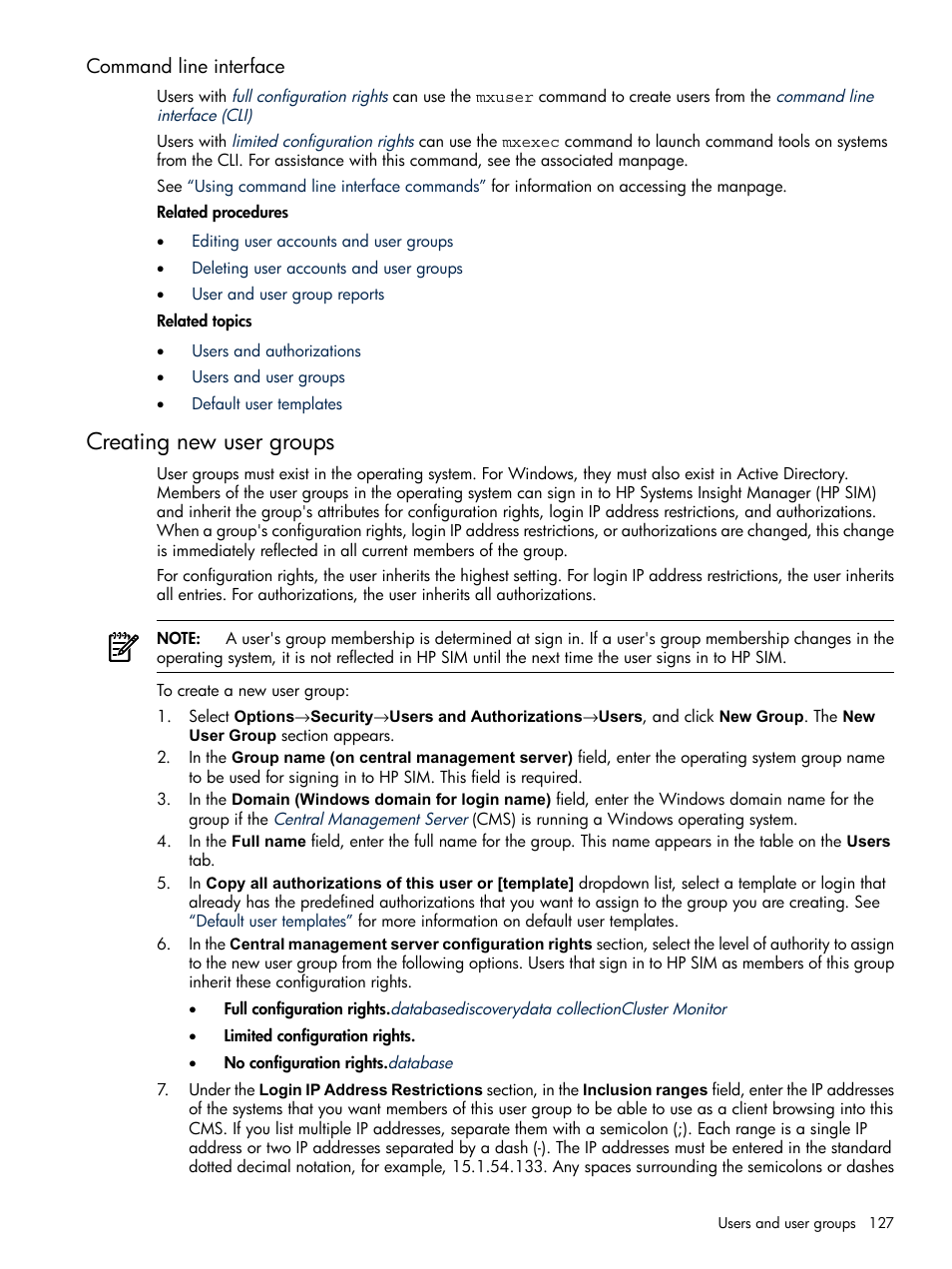 Command line interface, Creating new user groups | HP Systems Insight Manager User Manual | Page 127 / 679