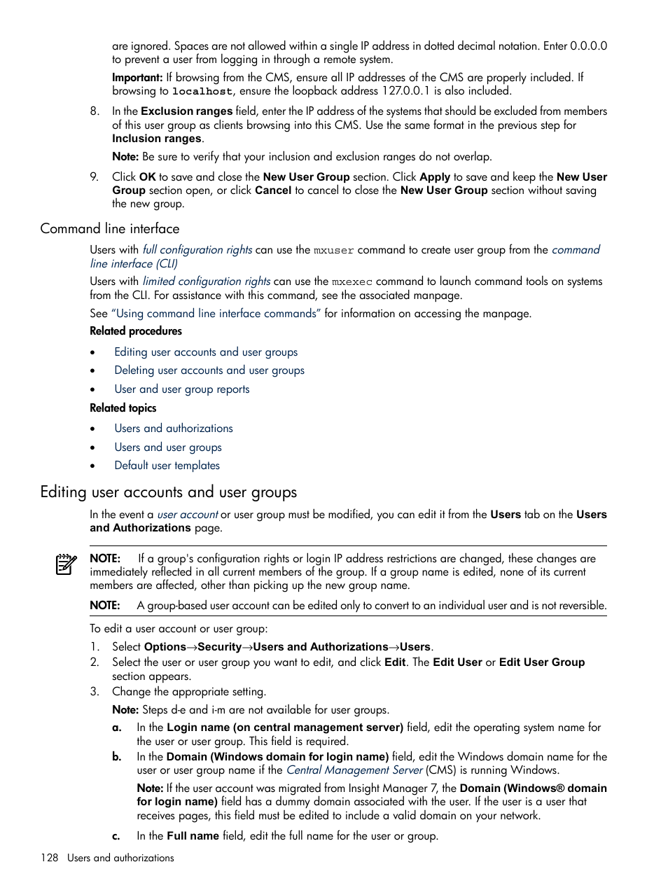 Command line interface, Editing user accounts and user groups | HP Systems Insight Manager User Manual | Page 128 / 679