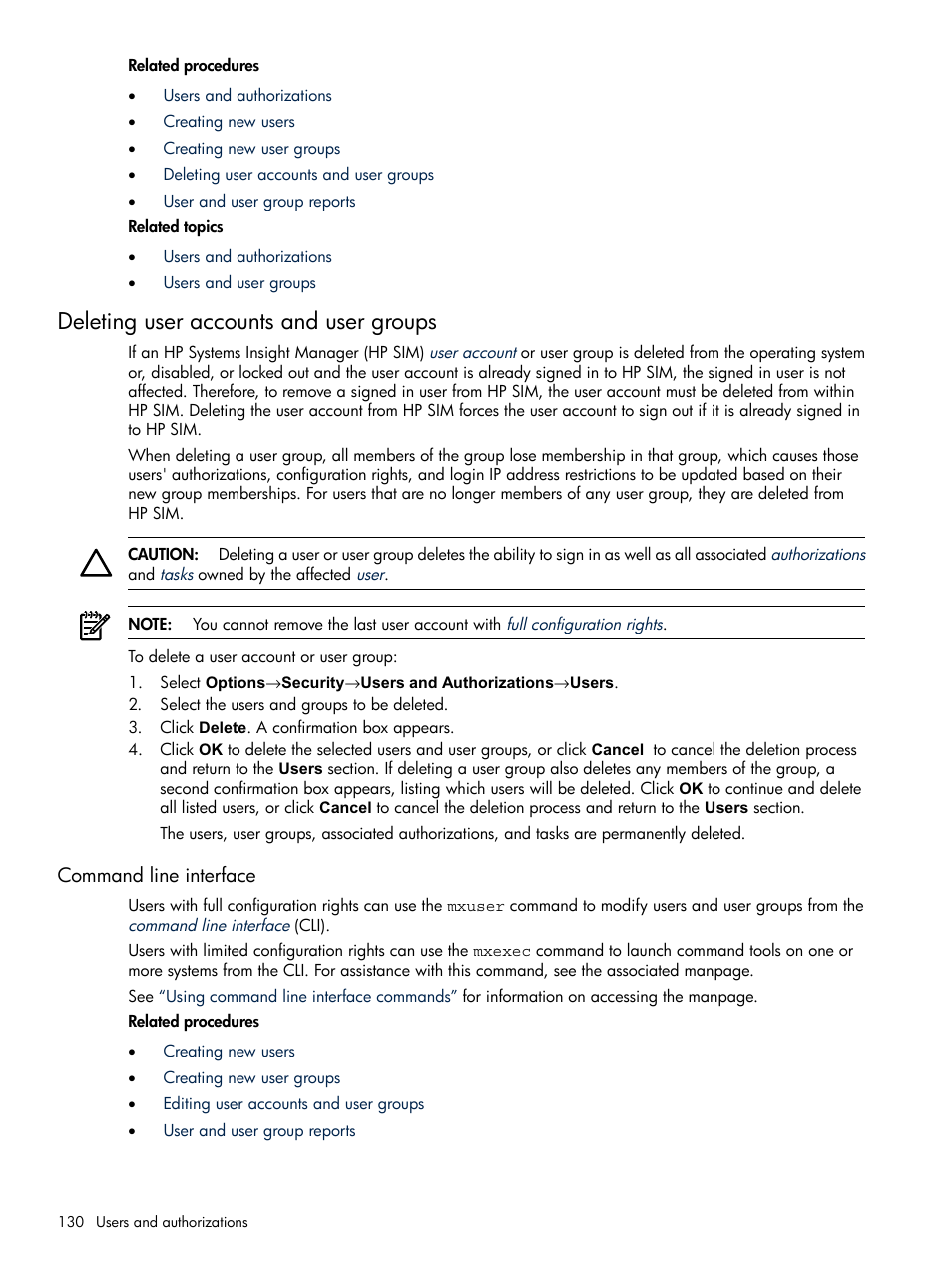 Deleting user accounts and user groups, Command line interface | HP Systems Insight Manager User Manual | Page 130 / 679