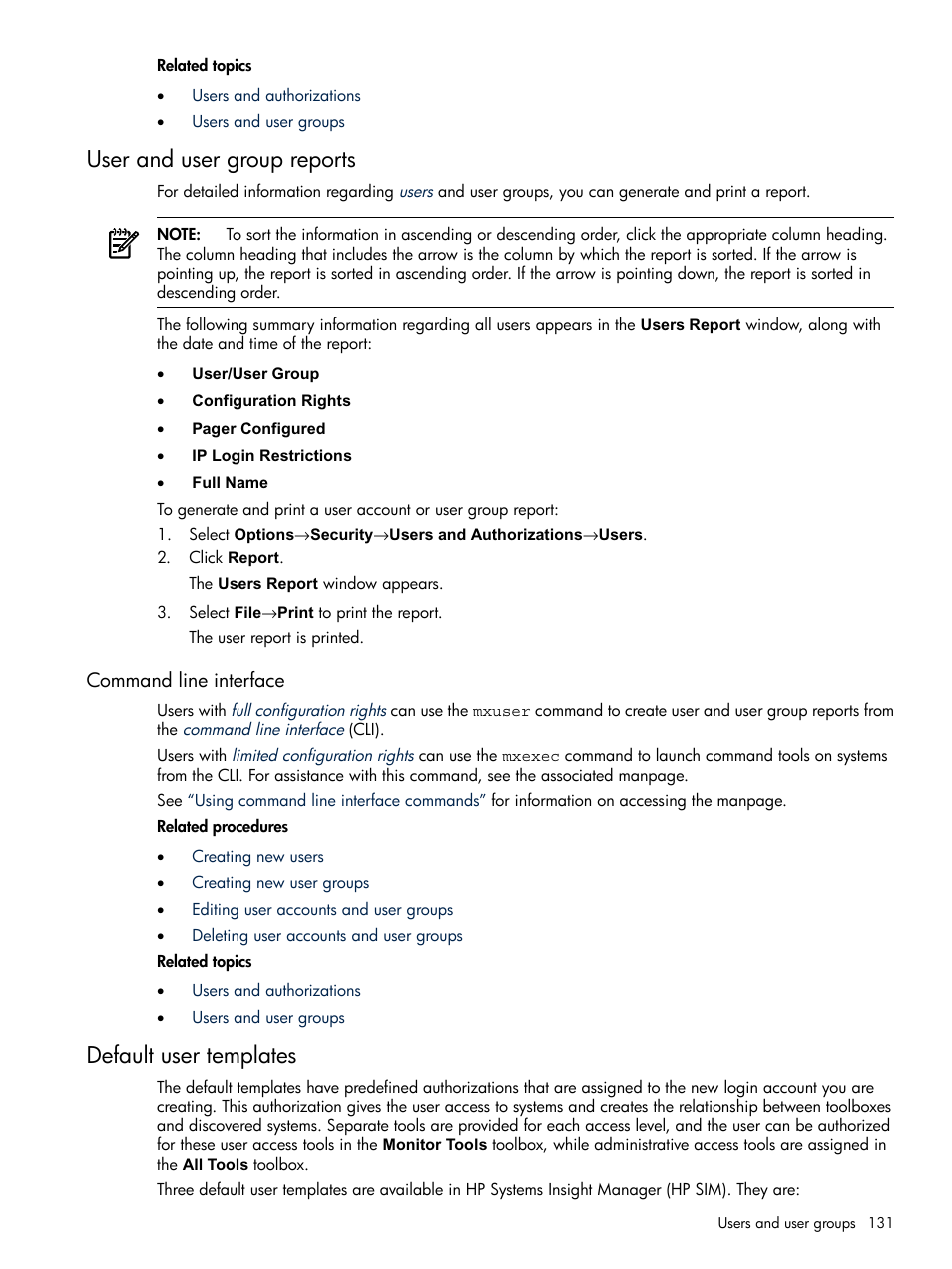 User and user group reports, Command line interface, Default user templates | HP Systems Insight Manager User Manual | Page 131 / 679