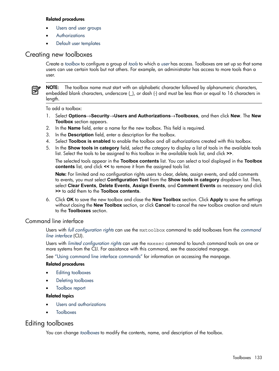 Creating new toolboxes, Command line interface, Editing toolboxes | HP Systems Insight Manager User Manual | Page 133 / 679