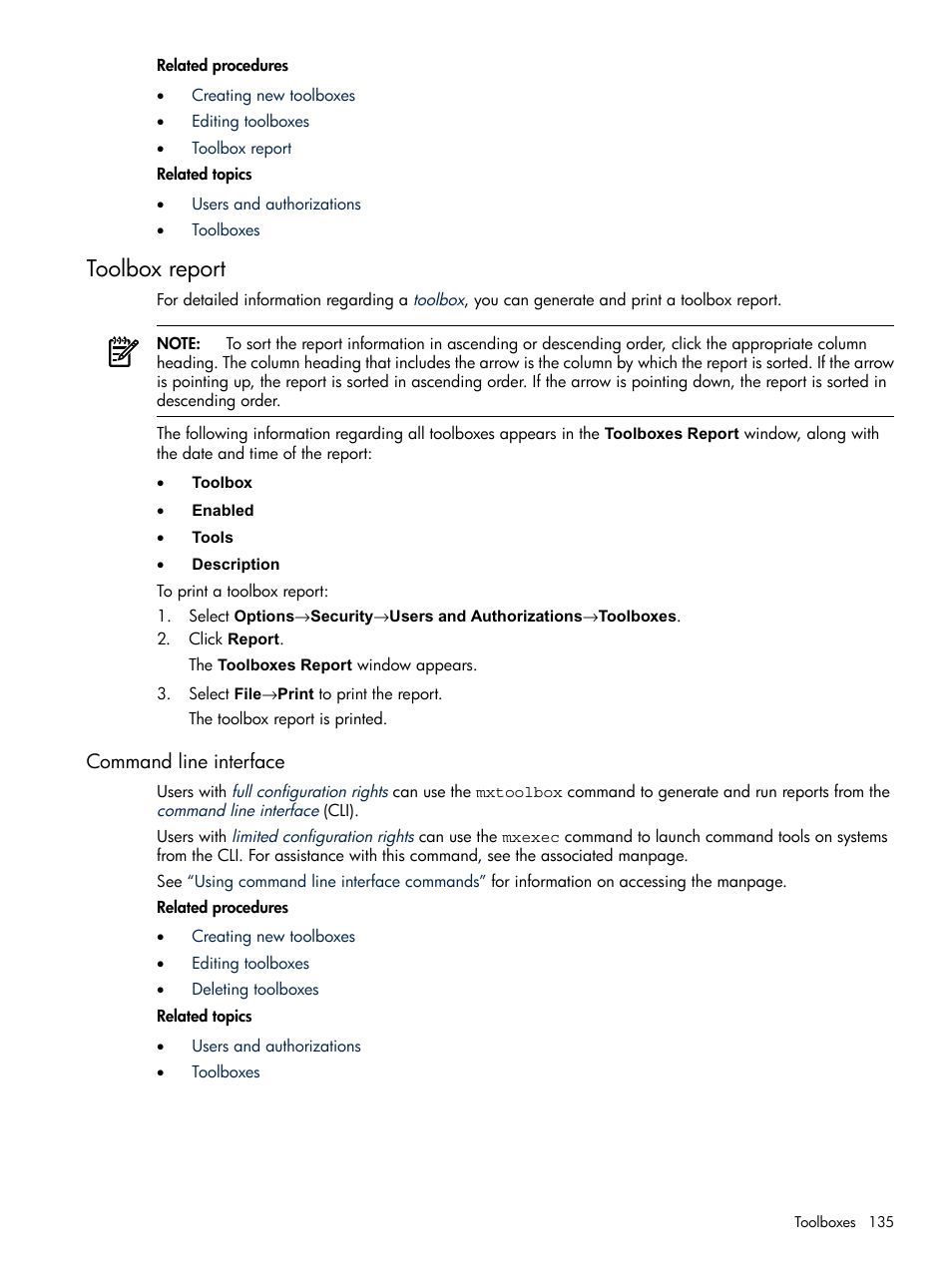 Toolbox report, Command line interface | HP Systems Insight Manager User Manual | Page 135 / 679