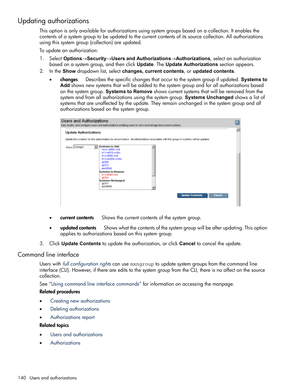 Updating authorizations, Command line interface | HP Systems Insight Manager User Manual | Page 140 / 679