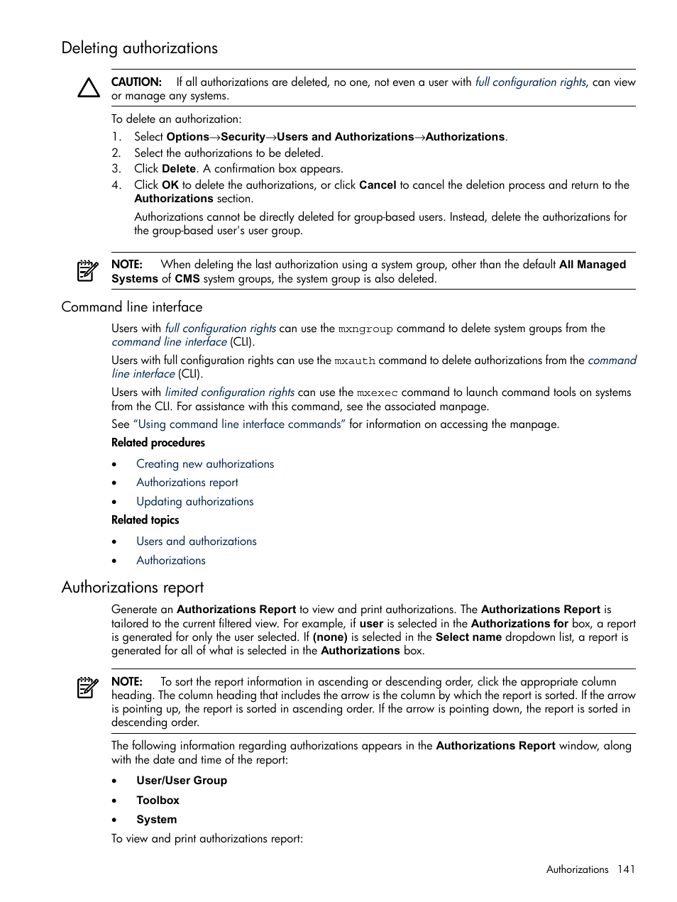 Deleting authorizations, Command line interface, Authorizations report | HP Systems Insight Manager User Manual | Page 141 / 679