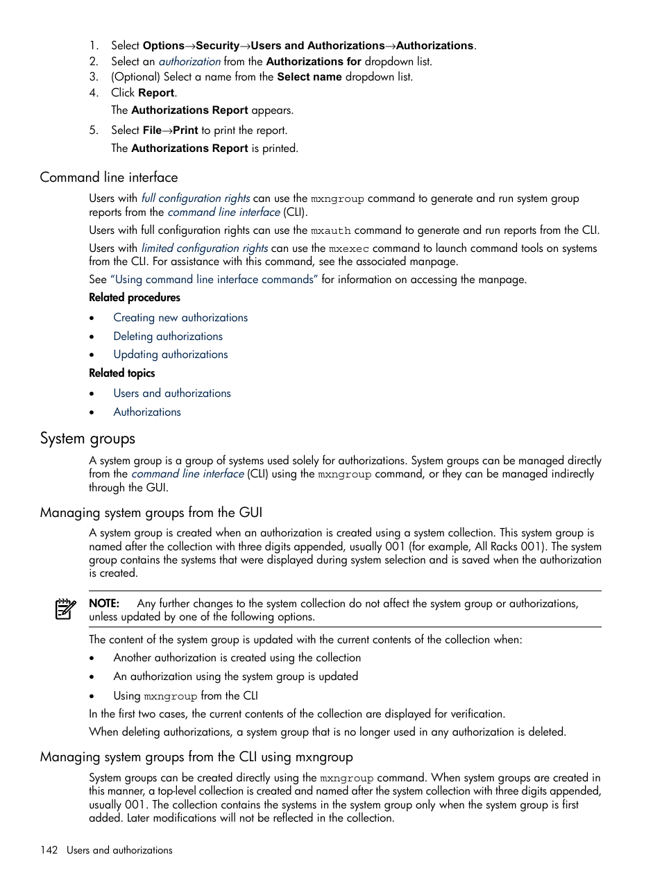 Command line interface, System groups, Managing system groups from the gui | Managing system groups from the cli using mxngroup | HP Systems Insight Manager User Manual | Page 142 / 679