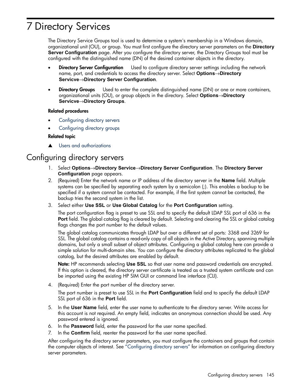 7 directory services, Configuring directory servers, Directory services | HP Systems Insight Manager User Manual | Page 145 / 679