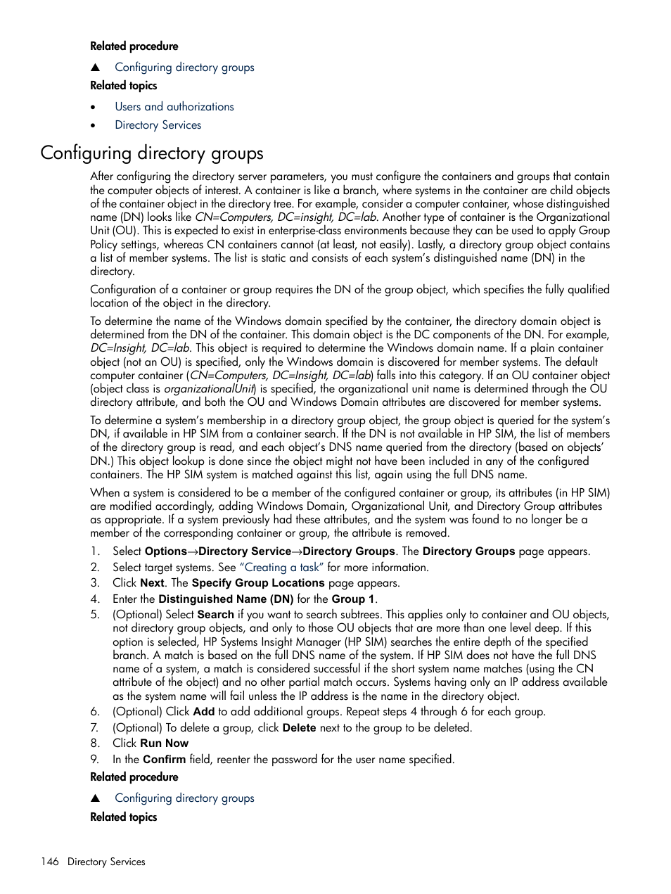 Configuring directory groups | HP Systems Insight Manager User Manual | Page 146 / 679