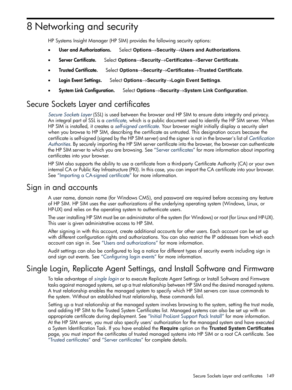8 networking and security, Secure sockets layer and certificates, Sign in and accounts | Networking and security | HP Systems Insight Manager User Manual | Page 149 / 679