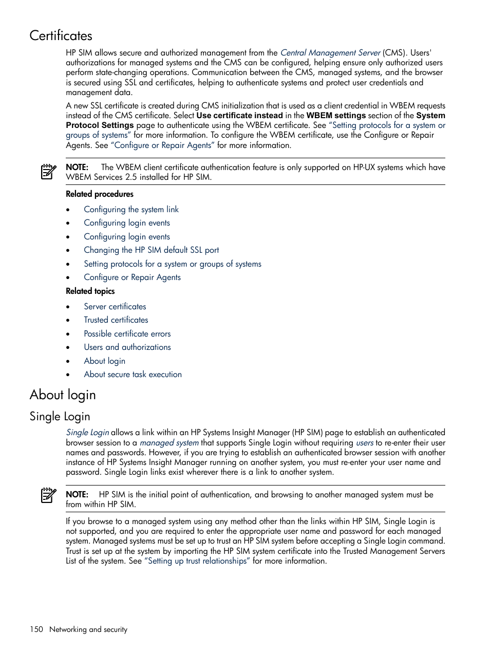 Certificates, About login, Single login | Certificates about login | HP Systems Insight Manager User Manual | Page 150 / 679