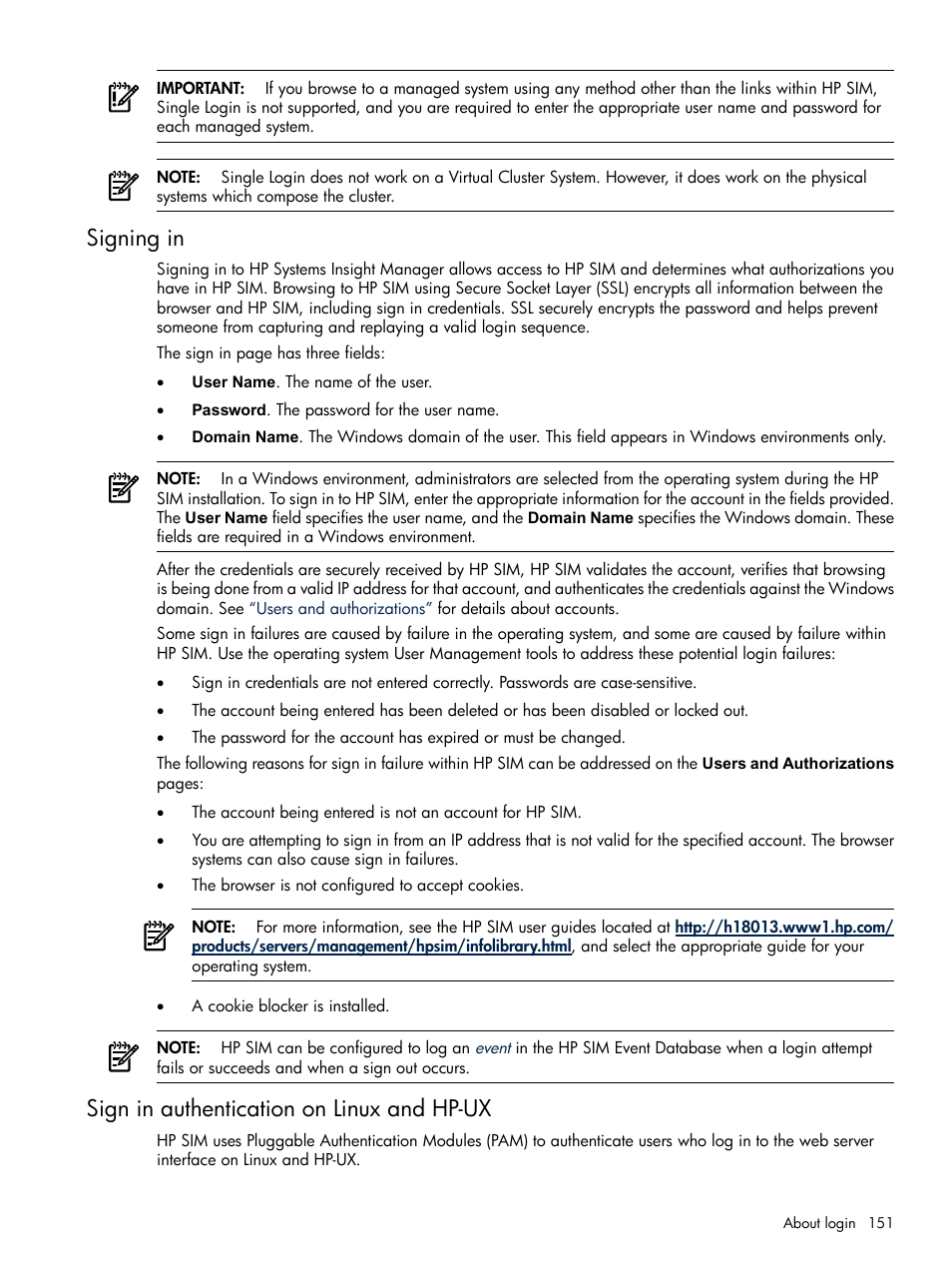 Signing in, Sign in authentication on linux and hp-ux | HP Systems Insight Manager User Manual | Page 151 / 679