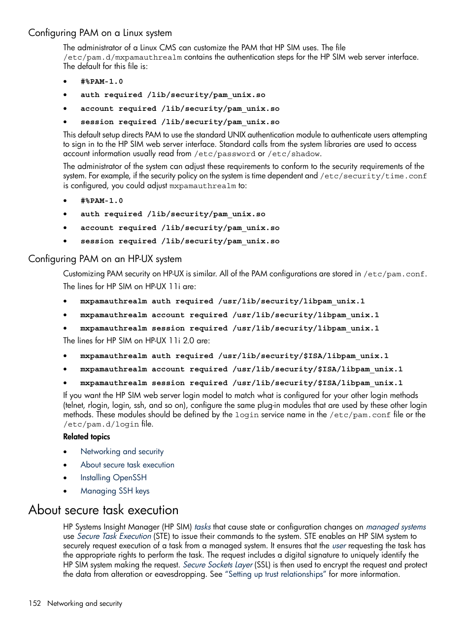 Configuring pam on a linux system, Configuring pam on an hp-ux system, About secure task execution | HP Systems Insight Manager User Manual | Page 152 / 679