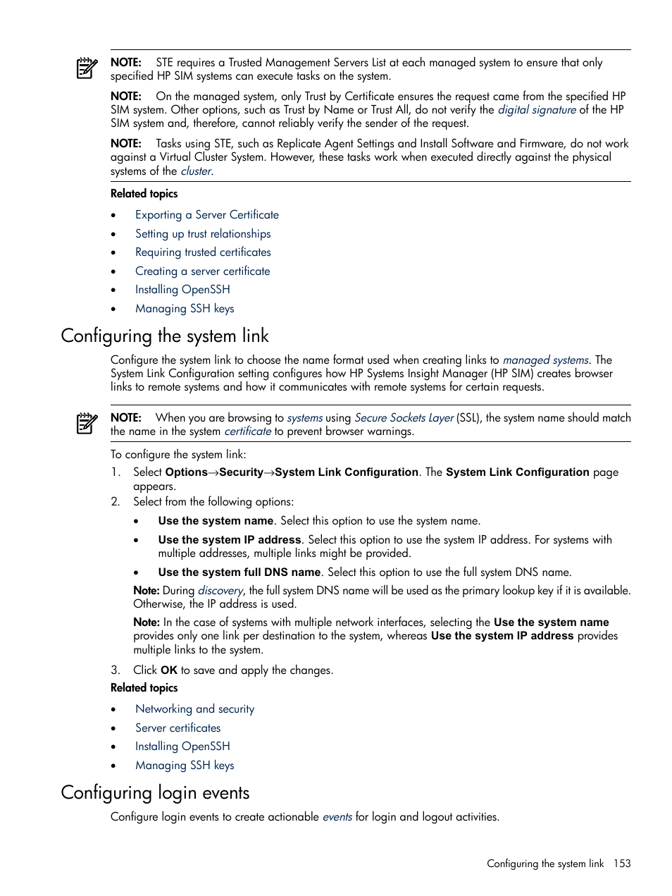 Configuring the system link, Configuring login events | HP Systems Insight Manager User Manual | Page 153 / 679