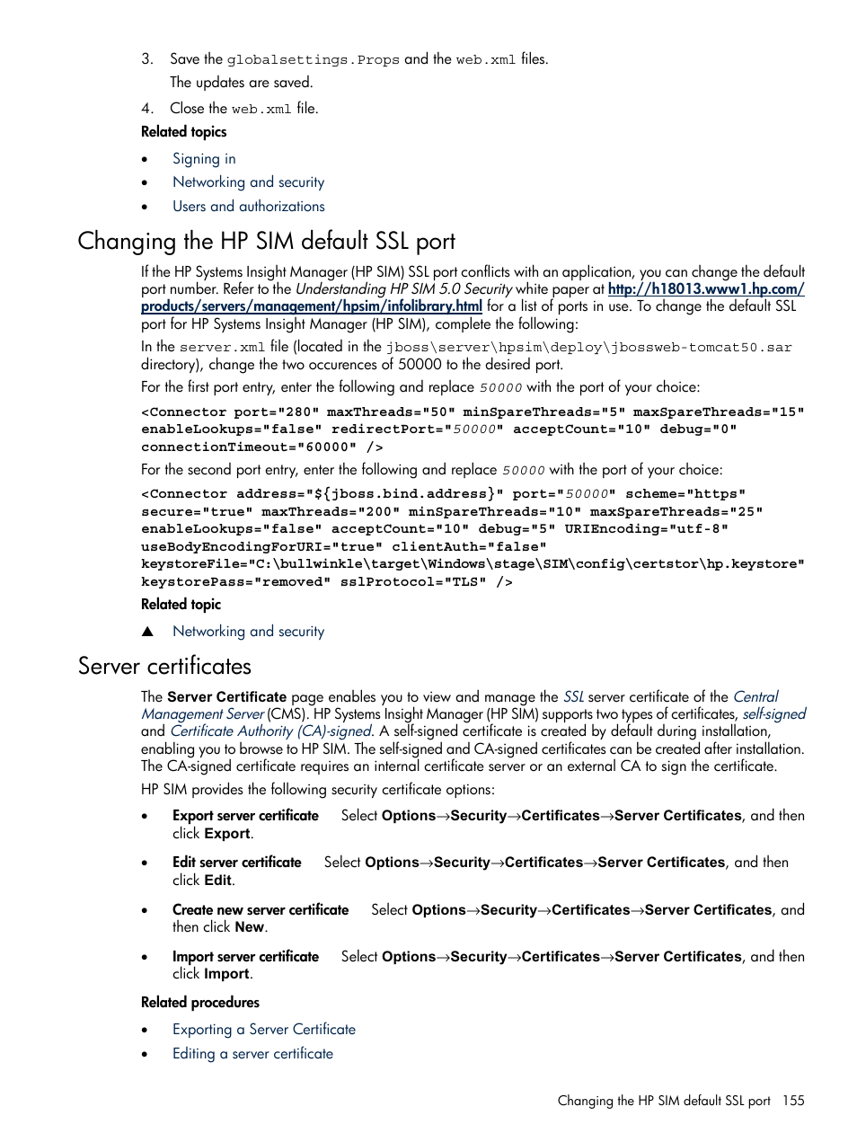 Changing the hp sim default ssl port, Server certificates | HP Systems Insight Manager User Manual | Page 155 / 679