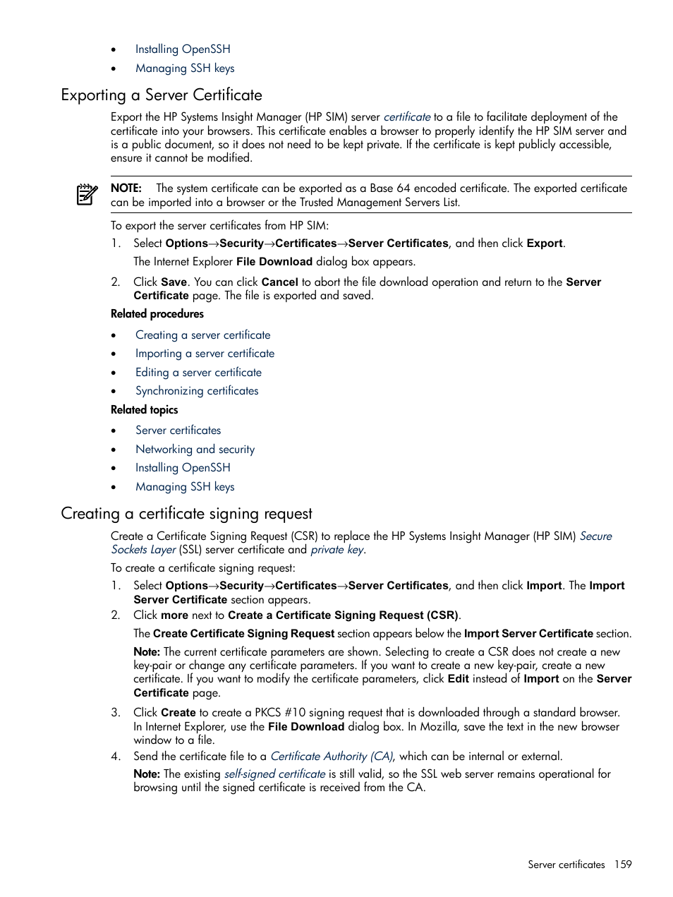 Exporting a server certificate, Creating a certificate signing request | HP Systems Insight Manager User Manual | Page 159 / 679