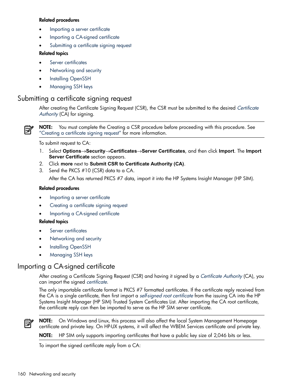 Submitting a certificate signing request, Importing a ca-signed certificate | HP Systems Insight Manager User Manual | Page 160 / 679