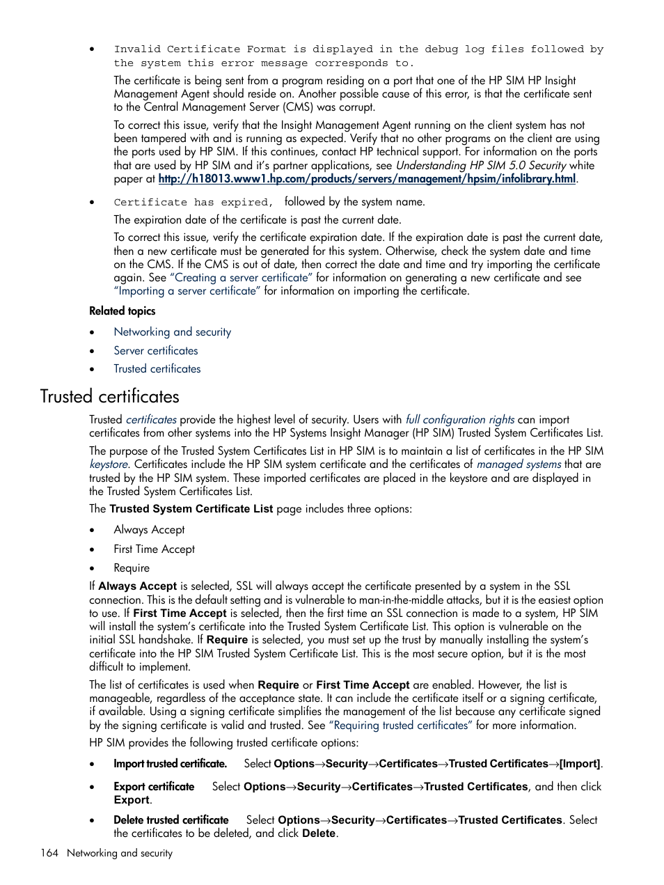 Trusted certificates | HP Systems Insight Manager User Manual | Page 164 / 679