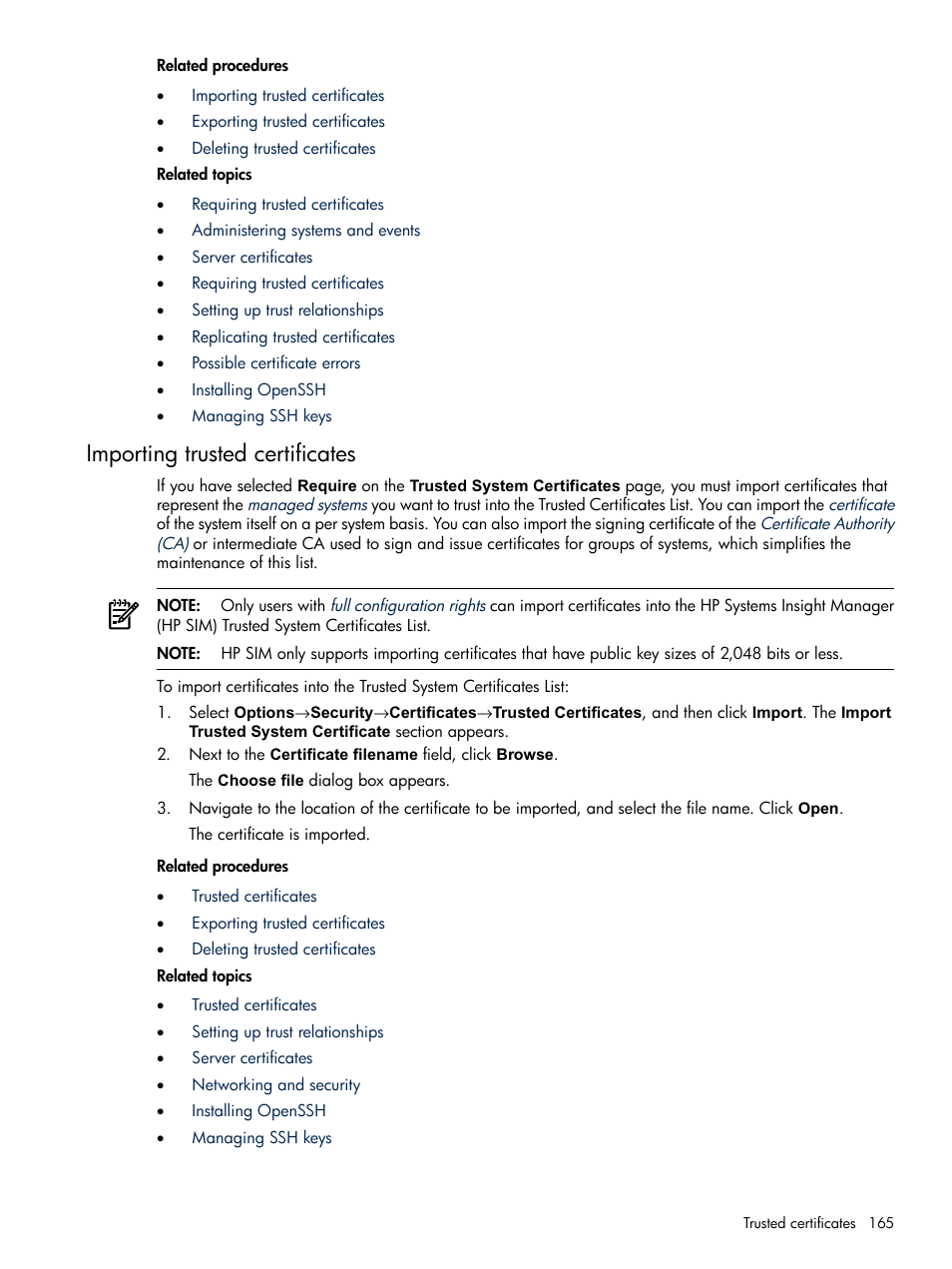 Importing trusted certificates | HP Systems Insight Manager User Manual | Page 165 / 679