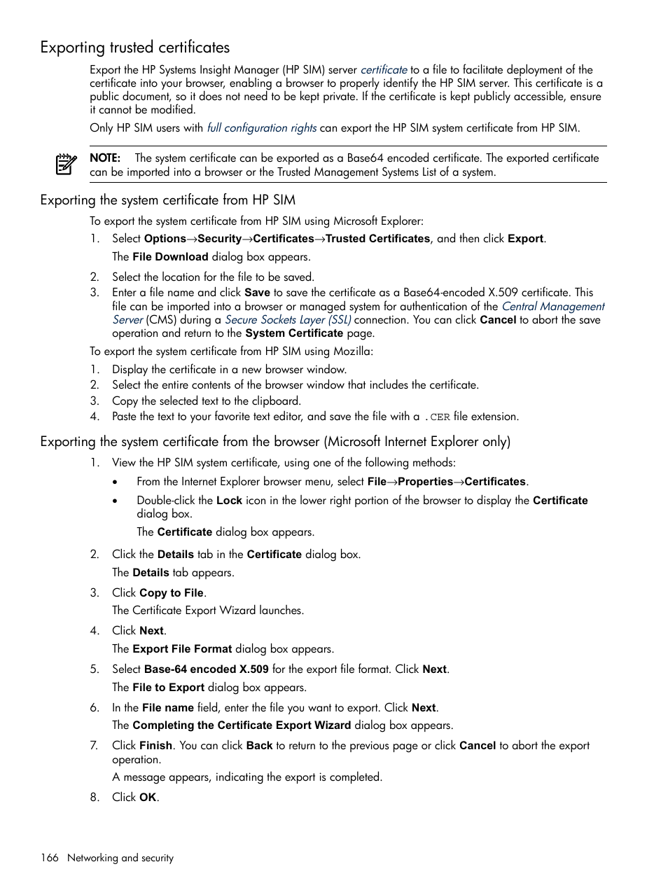 Exporting trusted certificates, Exporting the system certificate from hp sim | HP Systems Insight Manager User Manual | Page 166 / 679