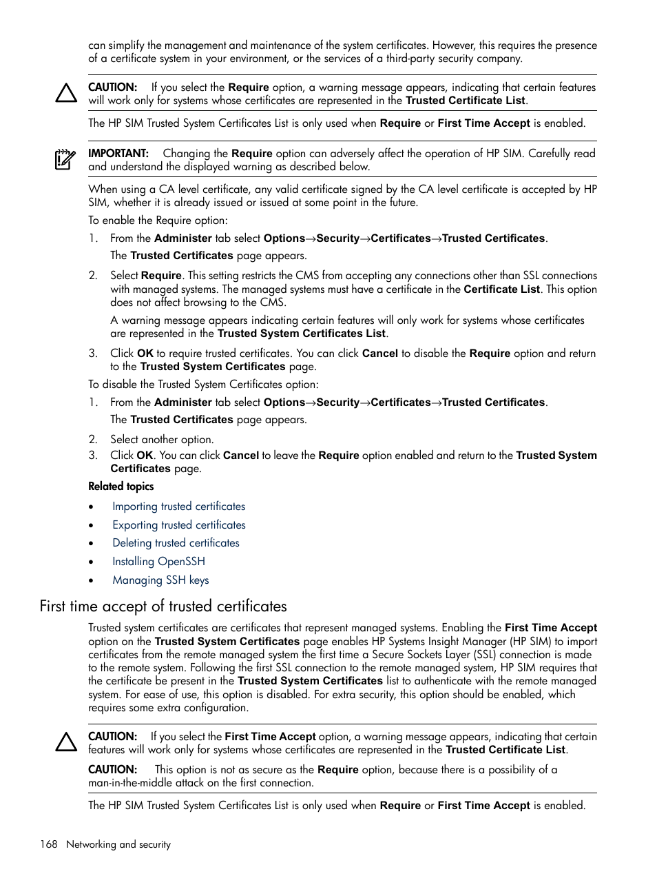 First time accept of trusted certificates | HP Systems Insight Manager User Manual | Page 168 / 679