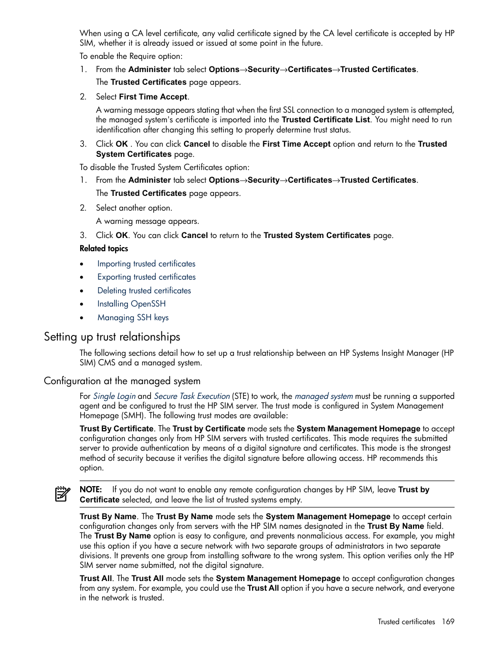 Setting up trust relationships, Configuration at the managed system | HP Systems Insight Manager User Manual | Page 169 / 679