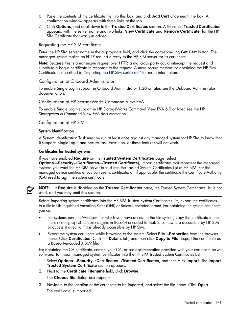 Requesting the hp sim certificate, Configuration at onboard administrator, Configuration at hp storageworks command view eva | Configuration at hp sim, System identification, Certificates for trusted systems | HP Systems Insight Manager User Manual | Page 171 / 679